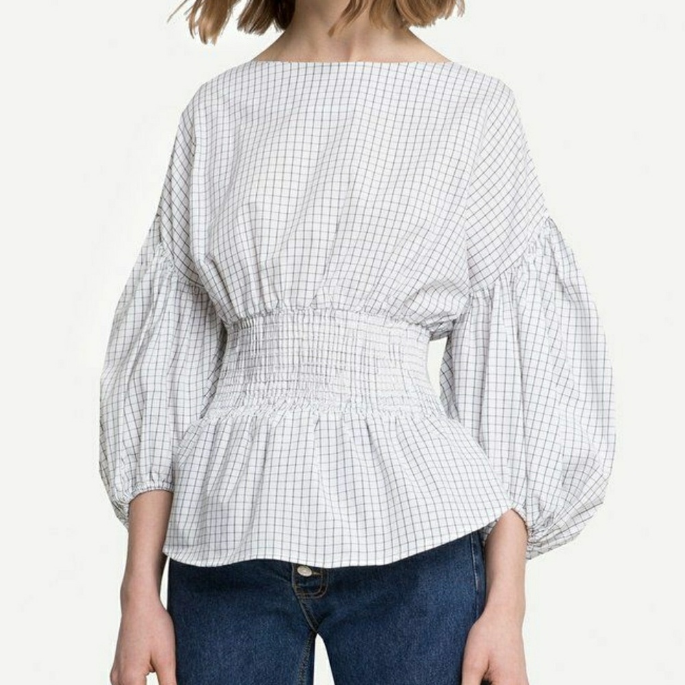 Pixie Market Windowpane Smocked Balloon Sleeve Top